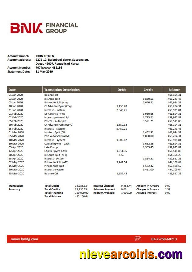 South Korea BNK bank statement, Word and PDF format (.doc and .pdf)